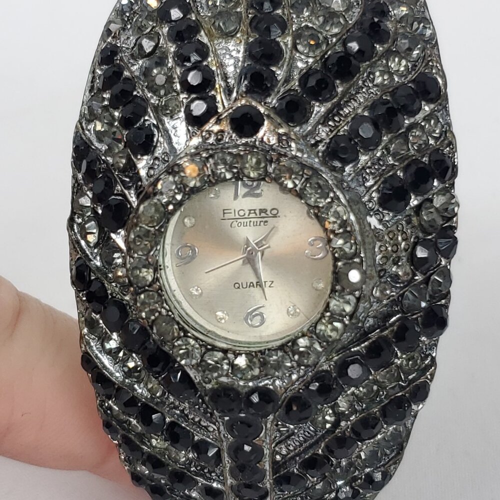 Figaro Couture Quartz Silver Antiqued Tone Hinged Band Blk Grey Rhinestone Watch